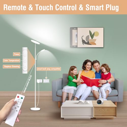 Image of marctronic White Floor Lamp, 42W 4000LM Super Bright LED Room Lamp with Adjustable Reading Light,Dimmable Modern Standing Lamp with Remote & Touch Control for Room Bedroom Office Floor Light