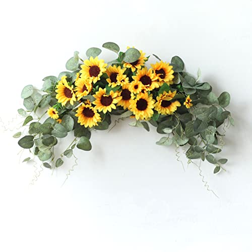 SLDHFE Artificial Sunflower Swag with Eucalyptus,29.5In Rustic Artificial Floral Swag,Wall Arch Hanging Sunflower Flower Wreath for Wedding Wall Door Decoration