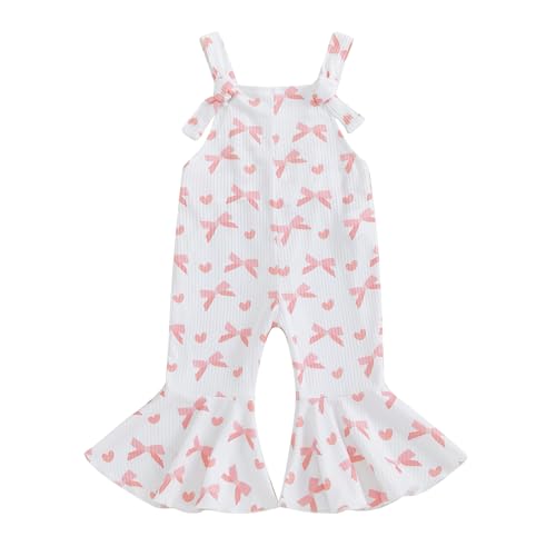 Image of Nibbcoa Toddler Girl Valentines Outfit Heart Bow Suspender Romper Jumpsuit Overalls Bell Bottom Pants Spring Fall Clothes