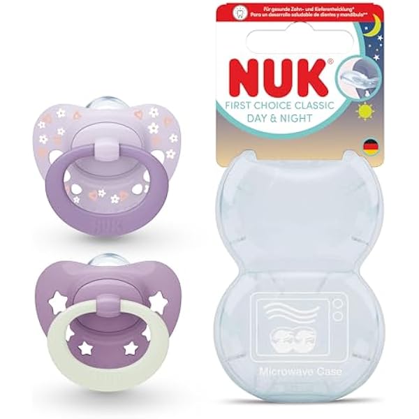 NUK First Choice Classic Night Smoczki dla niemowląt | 6-18 miesięcy | Ortodontyczne smoczki świecące w ciemności | 95% akceptacji przez niemowlęta** | Fioletowy | 2 sztuki