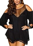 FENTI Women Plus Size Babydoll Jersey Knit Camisole Dress Lace Trim Lingerie, Black, 3XL