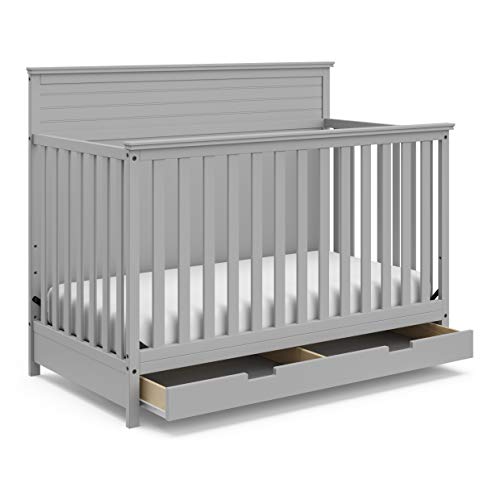 Image of STORKCRAFT Homestead 5-in-1 Convertible Crib with Drawer (Pebble Gray) – GREENGUARD Gold Certified, Crib with Drawer Combo, Includes Nursery Storage Drawer, Converts to Toddler Bed and Full-Size Bed