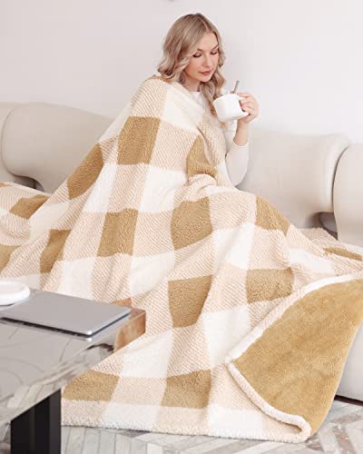 Panku Plaid Sherpa Throw Blanket With Solid Plush Reverse, Reversible Soft Fleece Blanket For Couch And Bed, Cozy And Warm Fuzzy Blanket, Camel Plaid, 50X60 Inches #TOP3