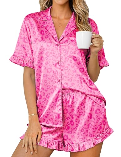 Image of Ekouaer Womens Satin Pajamas Set 2 Piece Button Down Silk Pjs Ruffle Short Sleeve Shorts Set Notch Collar Sleepwear