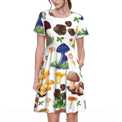 Robe d'été motif champignons pour femme coupe décontractée style bohème chic