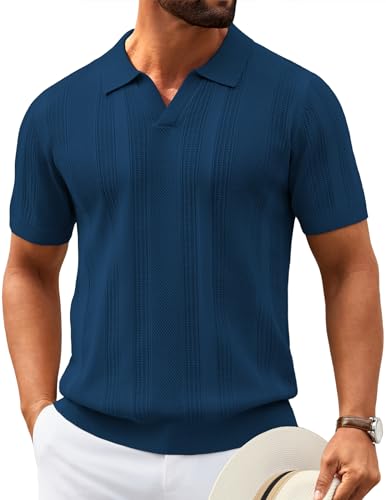 Image of COOFANDY Mens Knit Polo Shirts V Neck Textured Polo Shirts Short Sleeve Breathable Polo Casual Collared T Shirt Fashion Tops