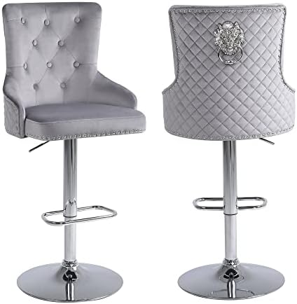 Chummaven Velvet Adjustable Swivel Barstools Set of 2 with High Tufted Back, Modern Counter Height Stools with Chrome Base Footrest Pull Ring Rivet Trim for Kitchen, Dining Room, Pub (Grey)