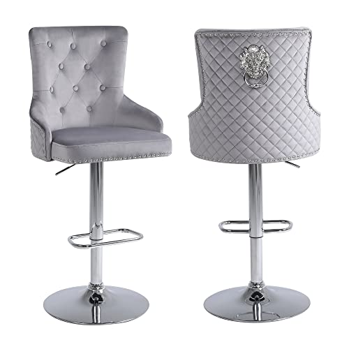 Chummaven FAUX LEATHER Velvet Adjustable Swivel Barstools Set Of 2 With High Tufted Back, Modern Counter Height Stools With Chrome Base Footrest Pull Ring Rivet Trim cover