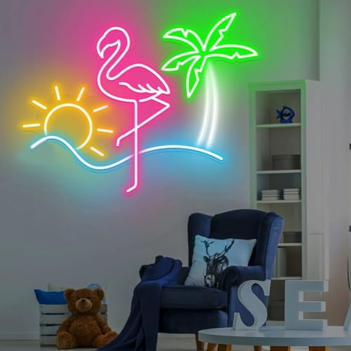 Image of Flamingo Neon Sign Flamingo Decor Tropical Neon Sign Custom Neon Sign Hello Summer Party Sign Neon Palm Tree Beach House Decor Wave Neon