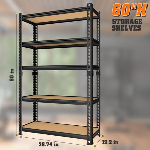 Image of LEVELEVE 5-Tier Storage Shelving Unit, Metal, for Kitchen, Garage, Laundry Room, Adjustable, 30 inch L x 12 inch W x 60 inch H, Rectangular