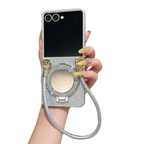 CYBERGARAGE�EFor Galaxy Z Flip8 �P�[�X �ϏՌ� �J�o�[ �܂肽���݌^ �O���b�^�[ �X�g���b�v�t�� �~���[�t�� ��̌^�����O�t�� �X�^���h�@�\ For �M�����N�V�[ �t���b�v8(�V���o�[)