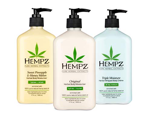 Hempz Original Herbal Body Moisturizer + Sweet Pineapple & Honey Melon Moisturizer + Triple Moisture Herbal Whipped Body Cream, 17 Fl Oz, 3 Pack Bundle – Natural Hemp Seed for Complete Hydration