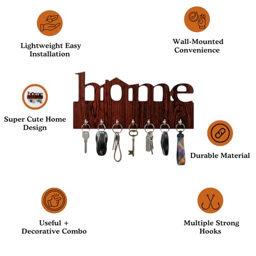 Image of Wooden Home Deign Key Holder for Wall | 7 Hooks Wall Mounted Key Hanger for Home Entrance | Decorative Wooden Key Stand for Living Room & Office | Key Organizer Rack for Wall Decor Brown