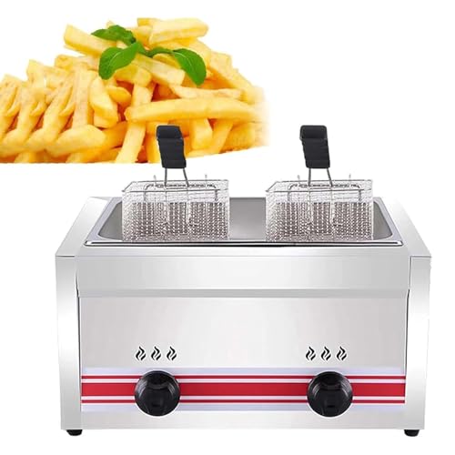 KJZQXYX Freidora de Gas de encimera de Acero Inoxidable, freidora Comercial con Canasta, Tapa y Estante de Especias, Adecuada para Papas Fritas, Aros de Cebolla, Nuggets de Pollo (20L)