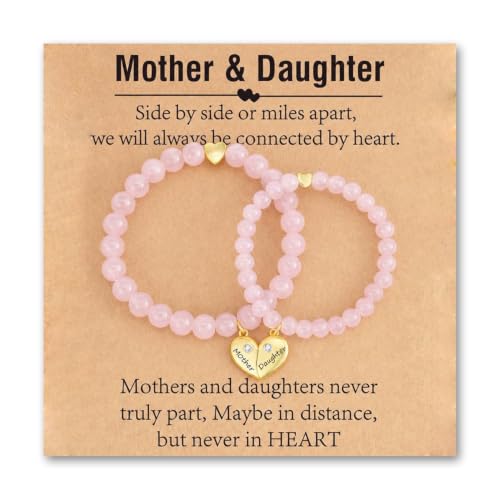 Image of Snowvian 2Pcs Mother and Daughter Matching Heart Bracelets, Mother and Daughter Gifts, Mother Daughter Bracelets, Pink Bracelets Gifts with Card for Birthday Christmas Mother’s Day