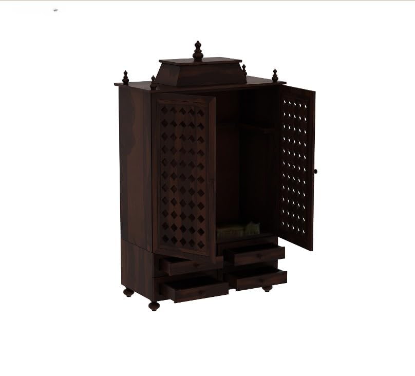 Image of Solid Sheesham Wood Temple for Home & Office /Mandir /God Stand /Pooja Stand /Home Mandap /Mandapam with Cabinet Doors & Multiple Storage /Shelf with Drawers (Walnut2, 32x15x57 inch)