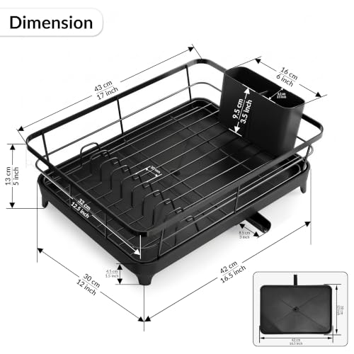 Image of Plantex Stainless Steel Dish Drying Rack /Vessel Drainer Basket with Tray /Smart Drainage Drainboard with Detachable Cutlery Holder /Utensils Drying Rack for Kitchen- (43 X 32 X 12 cm, Black)