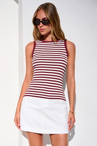 Image of PRETTYGARDEN Summer High Neck Striped Tank Tops for Women Casual Sleeveless Sweaters Basic Ribbed Knit Slim Fitted Shirts