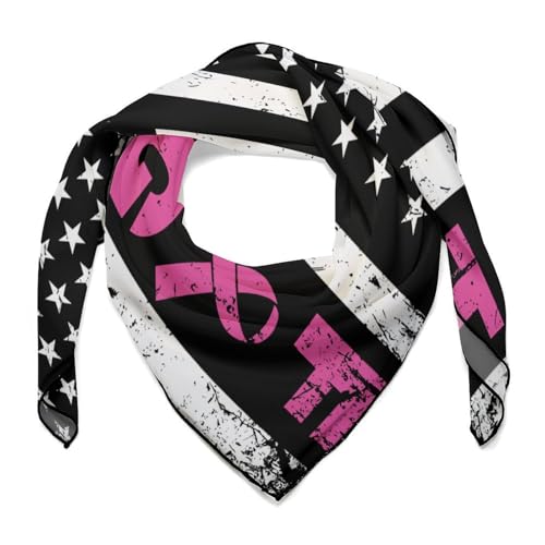 BSUYGET Fight Breast Cancer Awareness Pinks Ribbon American Flag Fashion Silk Scarf Soft Lightweight Headscarf Hair Wrap for Women