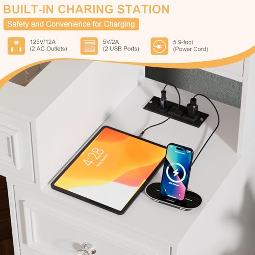 Image of Vanity Desk with Mirror and Lights, Makeup Vanity Set with 5 Storage Drawers,Power Outlet,Small Dressing Table with Lights 3 Colors,Transparent Top Vanity with Jewelry Organizer for Bedroom,White