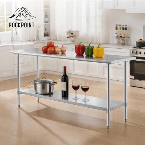 Image of ROCKPOINT SS304 Top All Stainless Steel Table for Prep & Work 24x72 Inches, NSF Commercial Kitchen Heavy Duty Table with Adjustable Undershelf for Restaurant,Kitchen, Home and Hotel