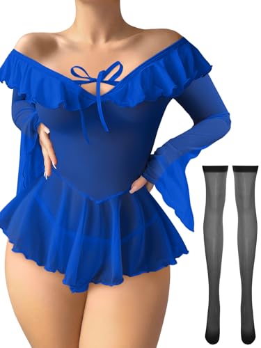 Image of Foxiny Sheer Ruffle Long Sleeve Babydoll Lingerie Dress | Off-shoulder neckline, flared cuffs and a flounce hem add movement; thong and thigh-high stockings complete the 3-piece set