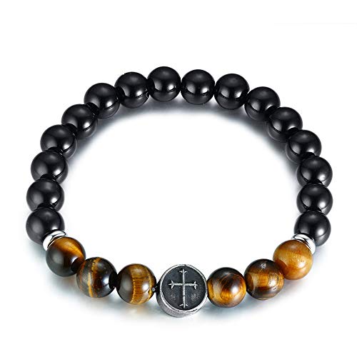 Molike 8mm Adjustable Natural Stone Tiger Eye Bead Bracelet Religious Cross Bracelets for Men Women (Cross Bracelet)