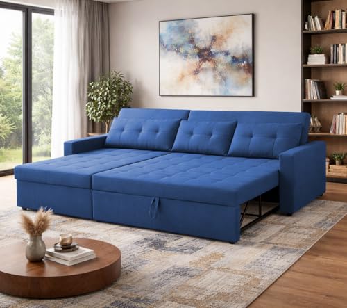Image of Emilio 4 Seater LHS L - Shape Pull-Out Sofa Cum Bed Sofa for Living Room (Blue Fabric Color) Premium Fabric Sofa Set for Living Room Sofa Cum Bed