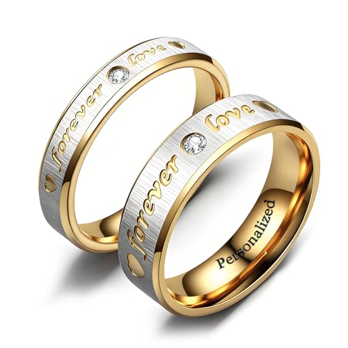 Ihanskio Personalisierte Goldversprechen-Paarringe passend zur ewigen Liebe Gravierte Zirkonia gepflasterte Eheringe aus Edelstahl und Titan Breite 4 mm 6 mm