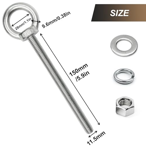 Image of 8 Sets M12 x 150mm 304 Stainless Steel Eye Bolt Heavy Duty Shoulder Lifting Ring Threaded Eyebolts with Nuts Washers (8, M12 x 150 mm)