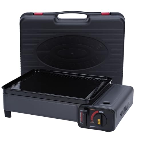 Portable Gas Stove Burner - Stainless Steel Compact Camping Stove - With Barbecue Grill Plate, Drip Tray, Tongs and Carrying Case for Outdoor BBQ, Picnics or Travel Cooking