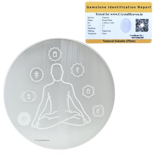 Image of Certified Selenite Crystal Charging Plate, 4 Inch Engraved Chakra Buddha Selenite Plate for Crystal Cleansing Re-Energy Work, Meditation and Pooja (4 Inch, Chakra Buddha)