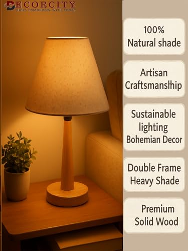 Image of Modern Wooden Table Lamp with Fabric Shade | Warm Ambient Lighting for Bedroom, Living Room & Home Decor | Bedside Nightstand Lamp with Soft Glow | Minimalist Design (Jute)