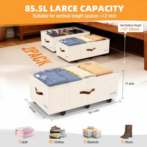 Image of Under Bed Storage with Wheels,Underbed Storage with Sturdy Sidewalls /Bottom, Clear Cover, Label and PU Handle, Rolling Under Bed Drawers for Clothes, Shoes, 11 Inch Height,Beige, 2 Pack