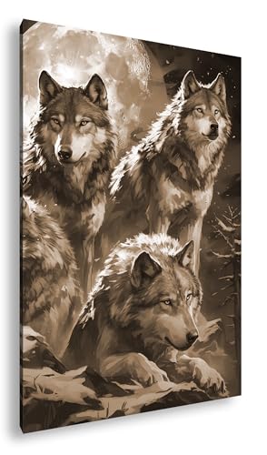 Impression quatre loups sous la lune effet sépia sur toile haut de gamme 100 x 70 cm