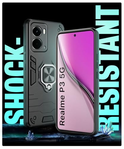 Image of WOW IMAGINE Shock Proof Back Case Mobile Cover for Realme P3 5G | Back Cover Case (Tough Armor | Hybrid PC + TPU | Ring Holder & in-Built Kickstand | Black)