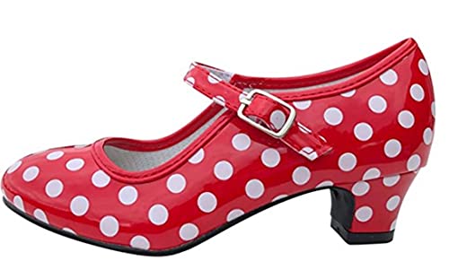 Costumizate! Zapatos de Baile Flamenco con Diferentes Tallas Desde niña a Mujer. Precioso Color Rojo con Lunares Blancos Talla 25