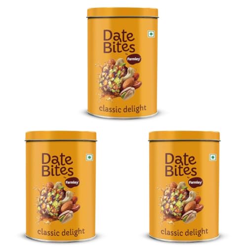 Image of Farmley Date Bites I Dates Barfi Made with Dates, Pista, Cashews, Almonds, Honey and Pure Ghee I Dry Fruits Nuts, Healthy Snacks Sweets,Gluten Free, No Added Sugar (200g, Dates Bites Jar) (Pack of 3)