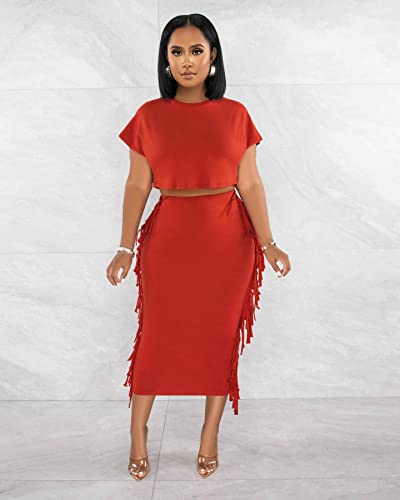 Image of YUEWOO 2 Piece Outfits for Women Sexy Crop Top Ruched Bodycon Maxi Dresses Fringe Skirt Sets Night Club Jumpsuits