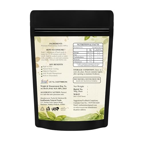 Image of SoulSustain Basil Seeds Sabja Seeds 100 Gram for Drinks Falooda Detox Fiber Rich Tukmaria Seeds for Digestion Cooling Summer Drink Ingredient Natural Sweet Basil Seeds for Soaking Beverages.