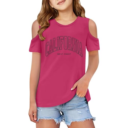 Kids Off The Shoulder T Shirts Girls Age 3-12 Years Short Sleeve Round Neck Trendy Graphic Tshirts Teenage Girls Summer Cartoon Cute School Casual Sports Children Tunic Tops (11-12 Years) Hot Pink