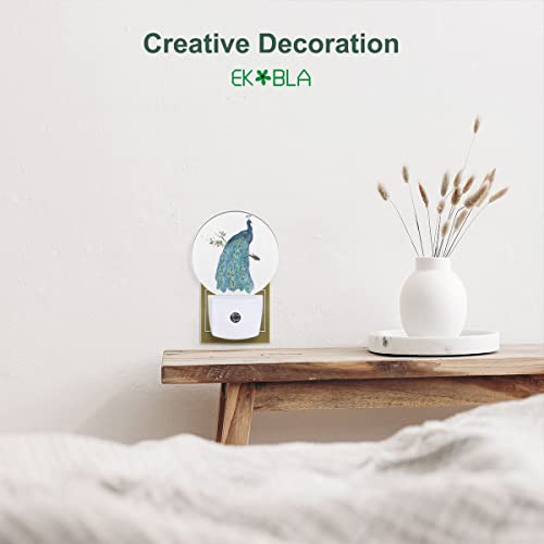 Image of EKOBLA Peacock Night Light, Watercolor Peacock Feather Teal Night Lights Plug Into Wall with Auto Sensor, 0.5W Sleep Friendly