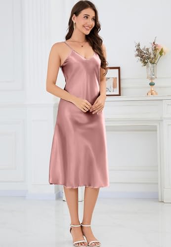 Image of ALCEA ROSEA Women's Midi Satin Slip Dress Adjustable Spaghetti Strap Nightgown Silky Under Dresses