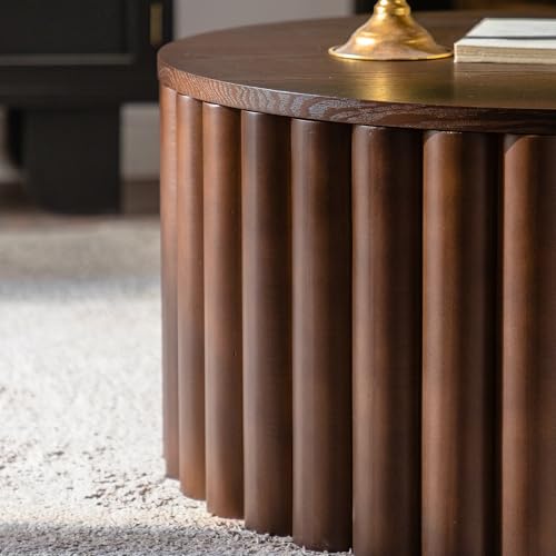 SPMETUYO 27.55" Round Lift Top Coffee Table with Storage for Living Room Smart Coffee Table Mid Century Modern Circle Center Tables with Lift Up Tabletop for Eat Fluted Drum Accent Table Walnut