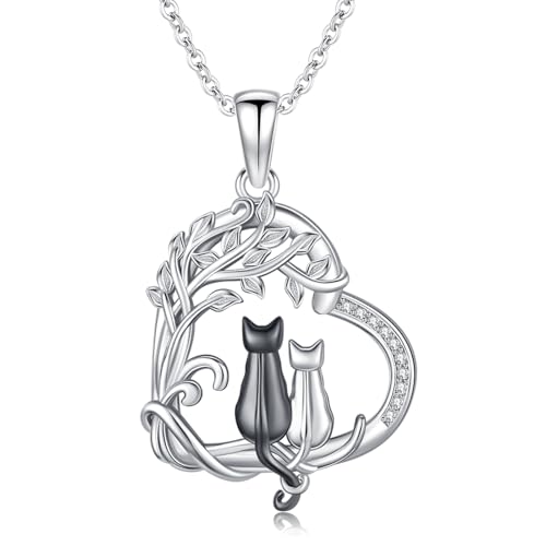 KoyeKei 2 Cat Necklace for Women 925 Sterling Silver Black Cat Tree of life Heart Pendant Necklaces Pet Jewelry Gifts for Daughter Wife