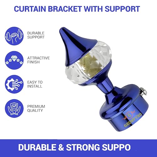 Image of Aluminium Single & Double Diamond Curtain Brackets Parda Holders with Support Fittings 1 Inch Rod Pocket Finials Designer Door and Window (Pack of 1 Pair, Blue)