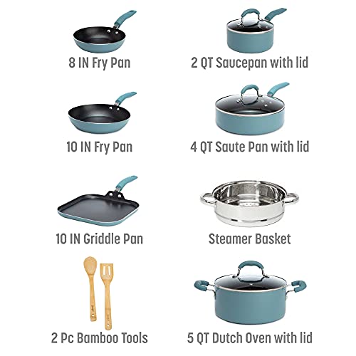 Goodful Cookware Set With Premium Non-Stick Coating, Dishwasher Safe Pots And Pans, Tempered Glass Steam Vented Lids, Stainless Steel Steamer, And Bamboo Cooking Utensils Set, 12-Piece, Turquoise #TOP2