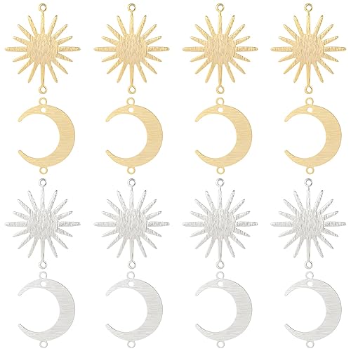 Beebeecraft 1 Box 24Pcs 4 Style Sun Moon Links Charms 24K Gold 925 Sterling Silver Plated Crescent Connectors Charms for Jewelry Making Necklace Bracelet DIY Crafts
