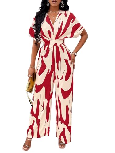 Image of PerZeal Women's V-Neck Short Sleeve Printed Jumpsuit with Pockets - Casual Wide Leg One-Piece Romper for Summer(S-XXL)
