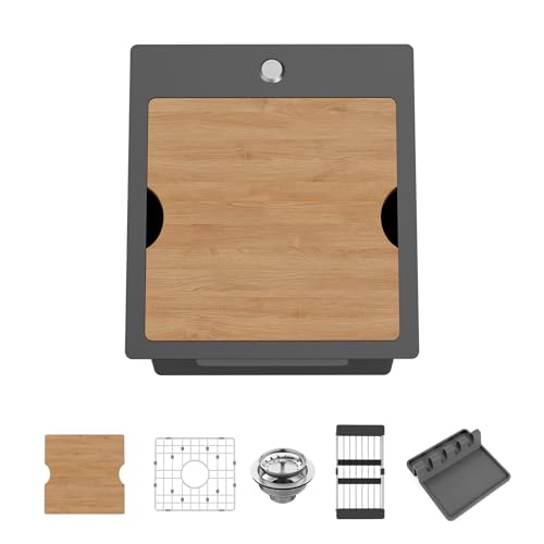 Black Kitchen Sink Workstation 15x17 In Stainless Steel Drop In Bar Sink Modern Small Single Bowl Kitchen Sink Gift Combo-SS Grid Colander Cutting Board Drain Assembly For Various Kitchen And Bar